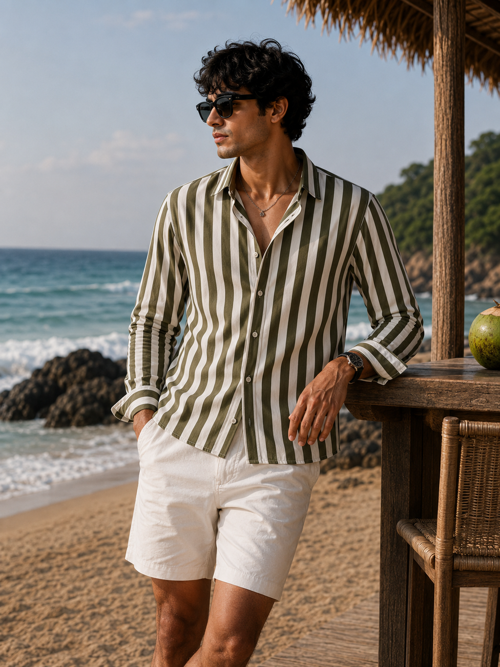 Dark Olive Striped Cropped Shirt