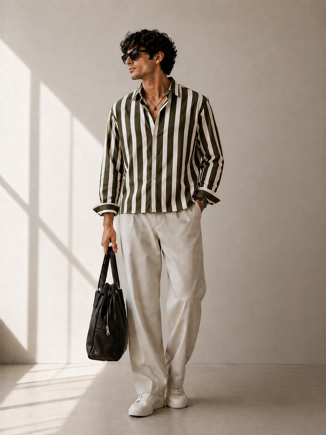 Dark Olive Striped Cropped Shirt