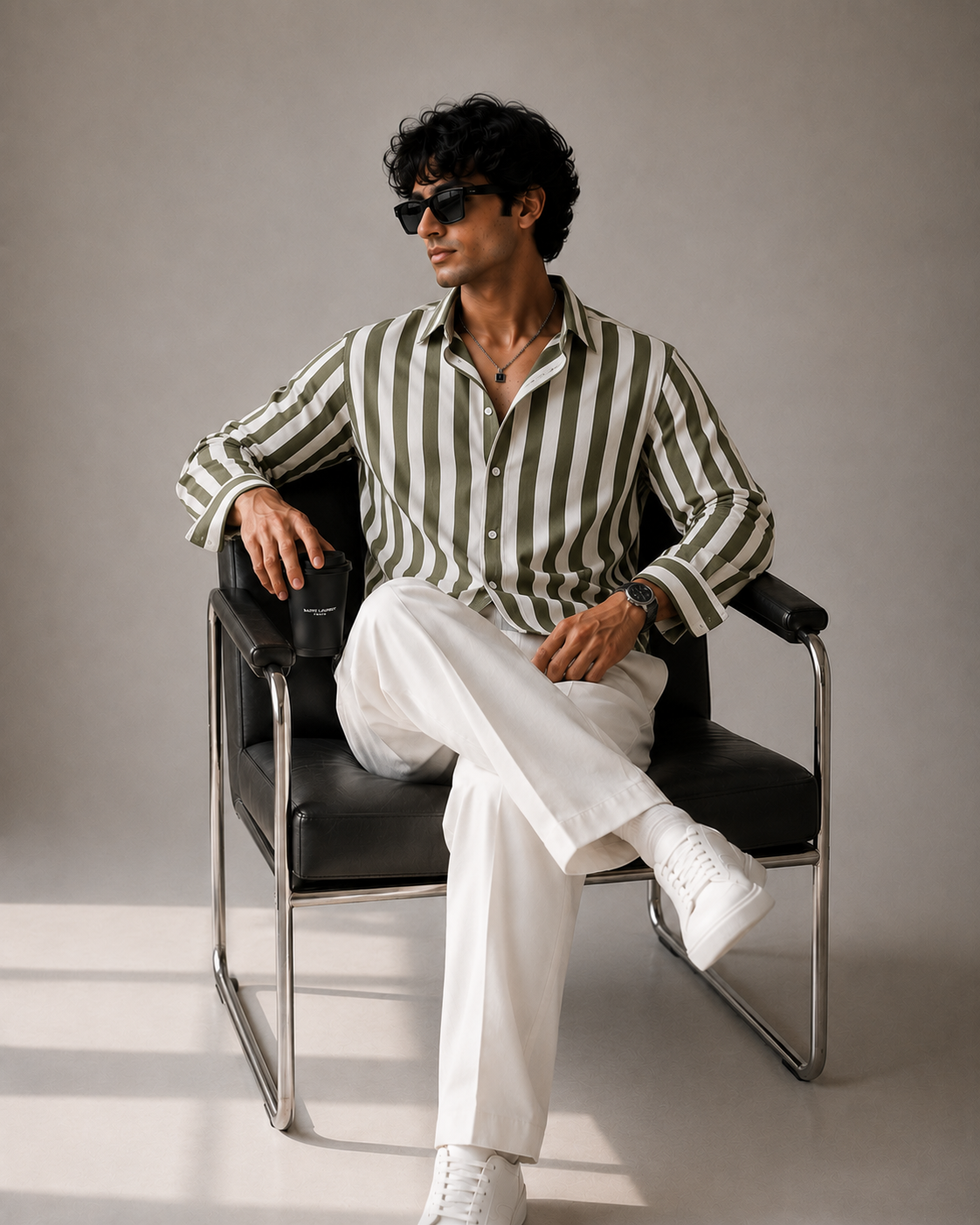 Dark Olive Striped Cropped Shirt
