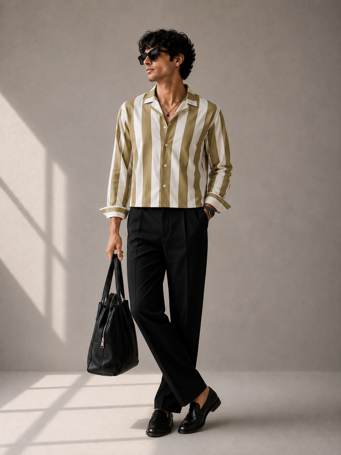 Olive Striped Cropped Shirt