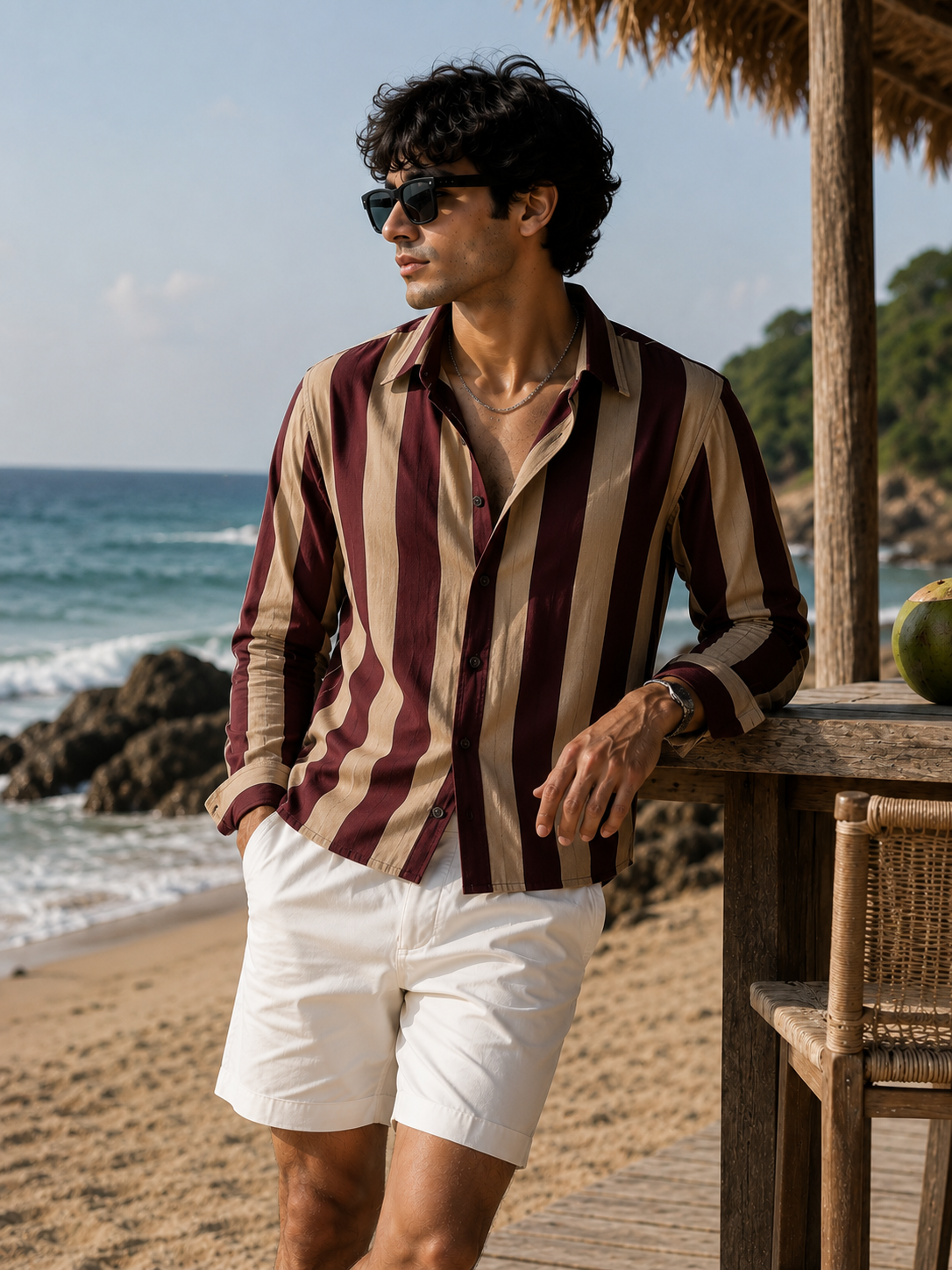Burgundy & Sand Striped Cropped Shirt