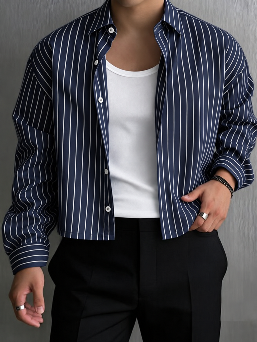 5EIGHT - Midnight Blue Pinstripe Cropped Shirt