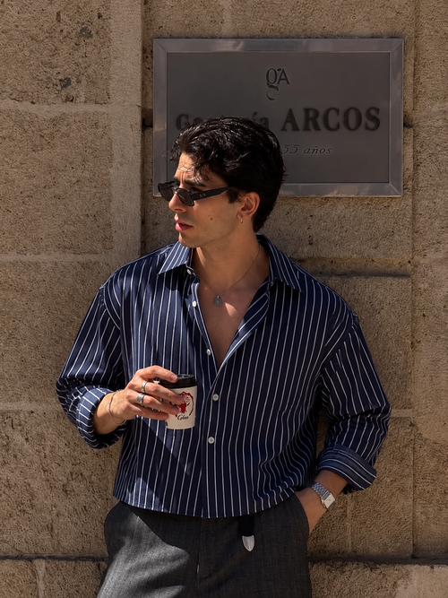 5EIGHT - Midnight Blue Pinstripe Cropped Shirt