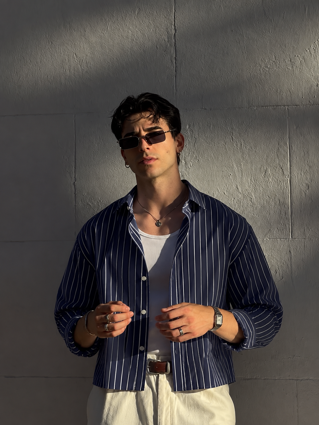5EIGHT - Midnight Blue Pinstripe Cropped Shirt