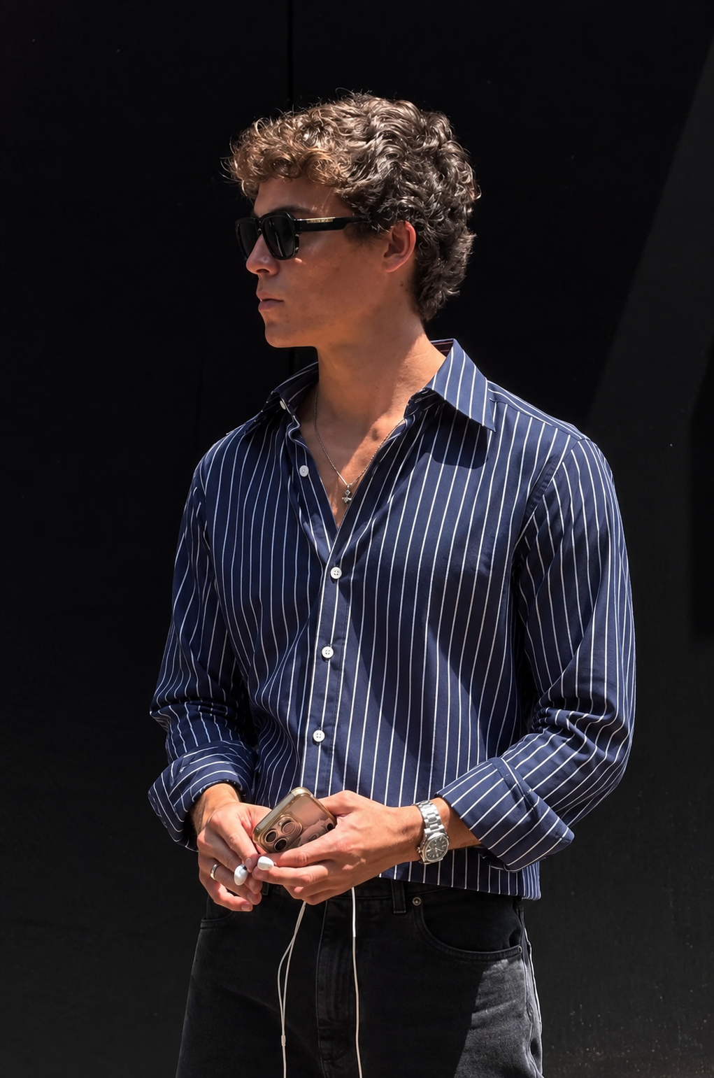 5EIGHT - Midnight Blue Pinstripe Cropped Shirt