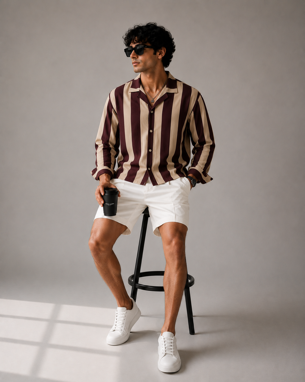 Burgundy & Sand Striped Cropped Shirt
