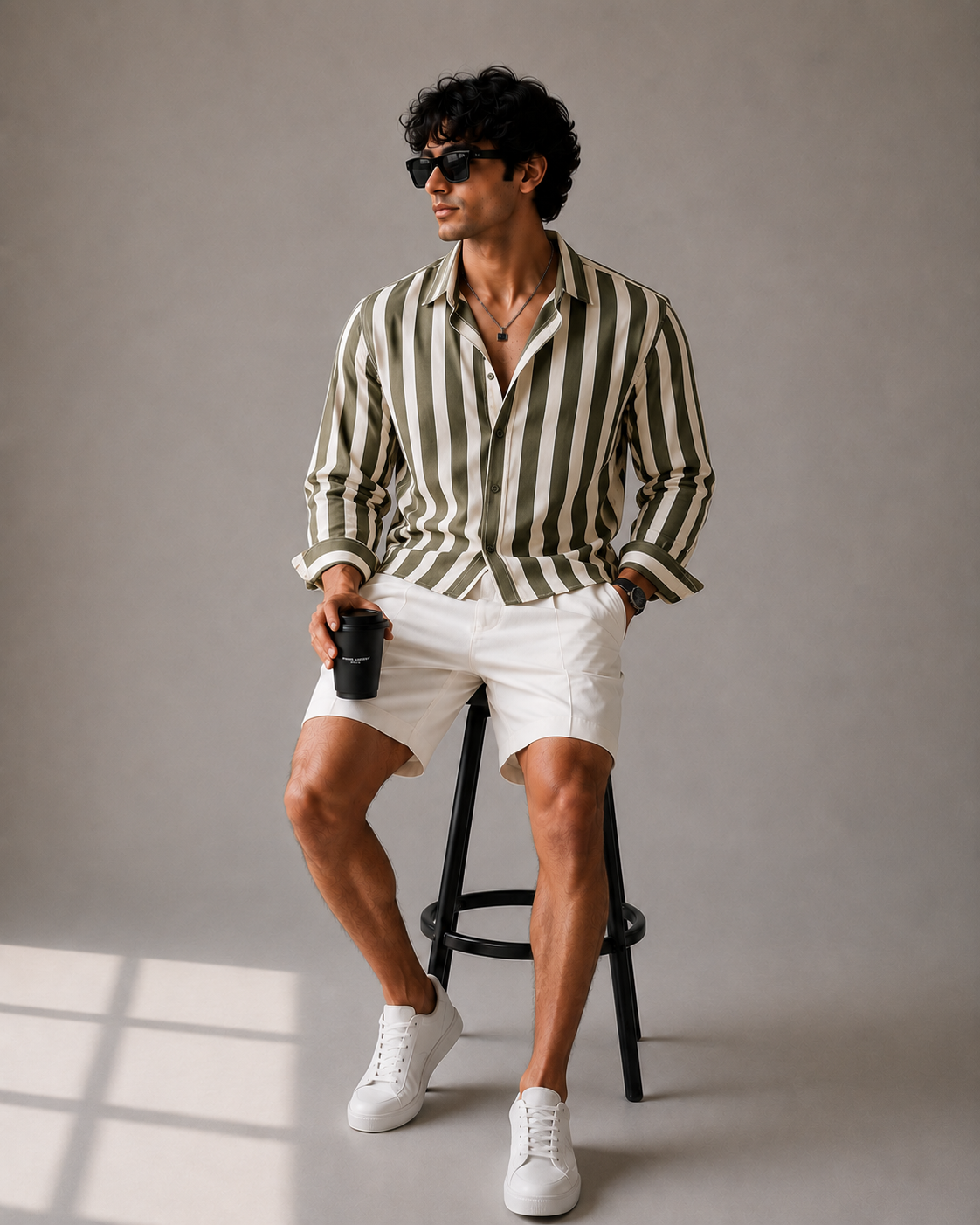 Dark Olive Striped Cropped Shirt
