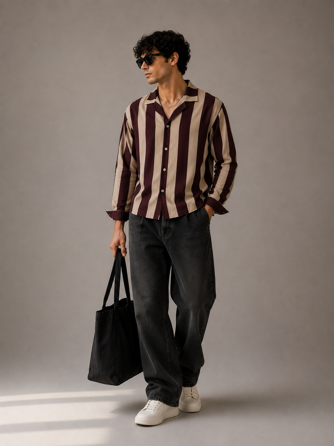 Burgundy & Sand Striped Cropped Shirt